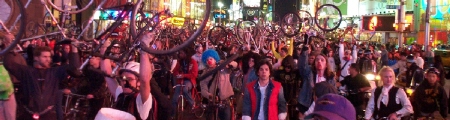 Halloween Critical Mass reaches Times Square. Photo by Michael Zaidman. Halloween Critical Mass reaches Times Square. Photo by Michael Zaidman.